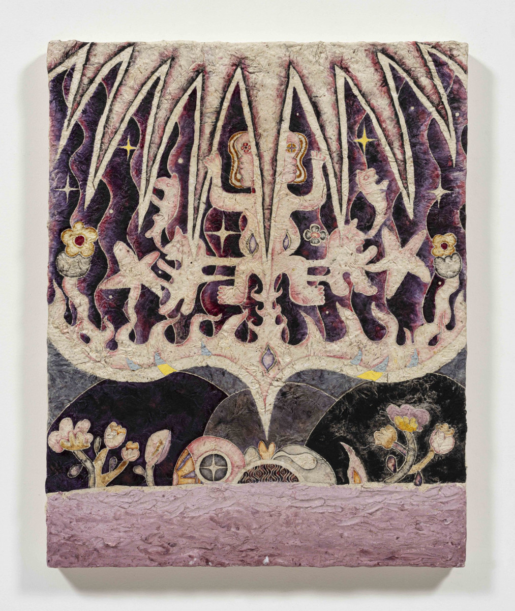 Omar Mendoza. <em>El trueno de su hablar</em>, 2023. Muitle, palo brasil, zacatlaxcalli, quina, charcoal, curcoma, beet, jagua, lion's hand, beeswax, on cotton on canvas, 35 x 28 inches  (88.9 x 71.1 cm)