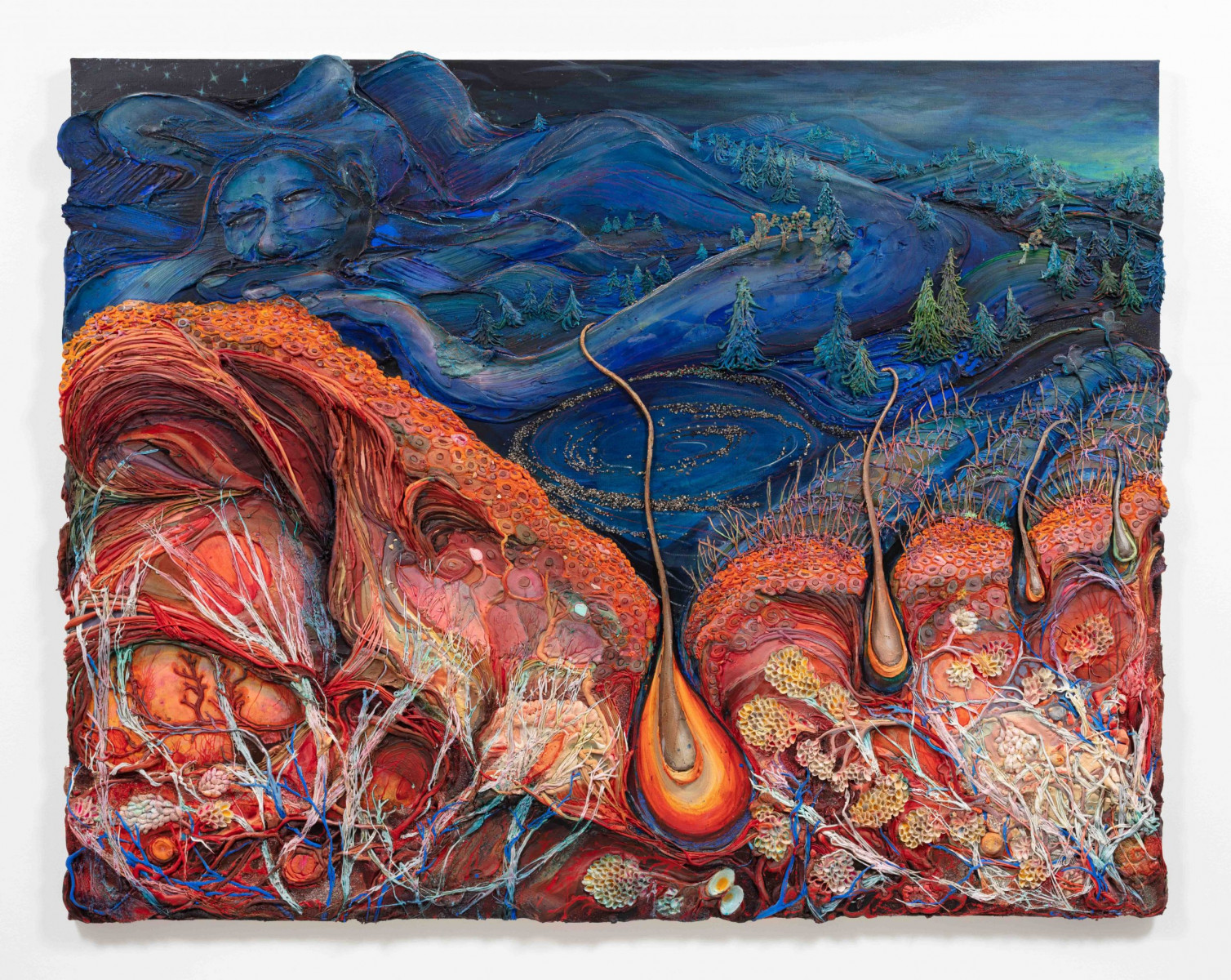 Kate Klingbeil. <em>Freeze</em>, 2023. Acrylic, pigment, vinyl paint, pumice, sand, shells and rocks collected from Lake Michigan, ceramic, and oil stick on canvas, 67 x 86 x 2 1/2 inches  (170.2 x 218.4 x 6.4 cm)
