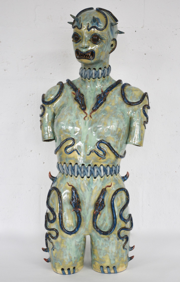Becky Tucker. <em>Aery</em>, 2024. Glazed stoneware, strappings dyed with indigo leaf, 37 3/8 x 16 7/8 x 12 5/8 inches (95 x 43 x 32 cm)