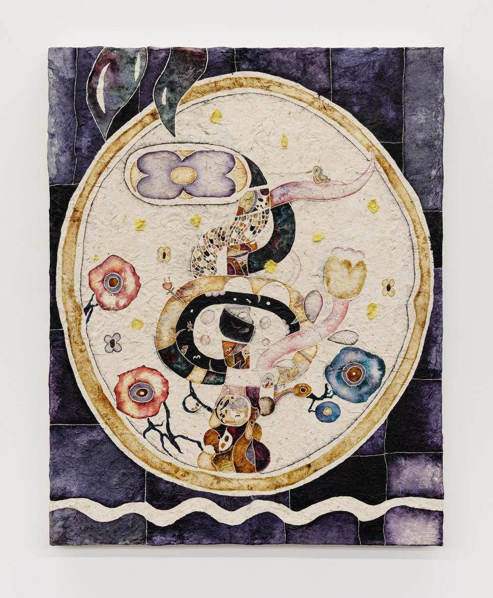 Omar Mendoza. <em>Serpientes</em>, 2024. Muitle, brazilwood, kina, zacatlaxcalli, charcoal, spirulina, jonote, blue stick, lemon, beetroot, turmeric, beeswax, rabbit tail on cotton, 35 x 28 inches  (88.9 x 71.1 cm)
