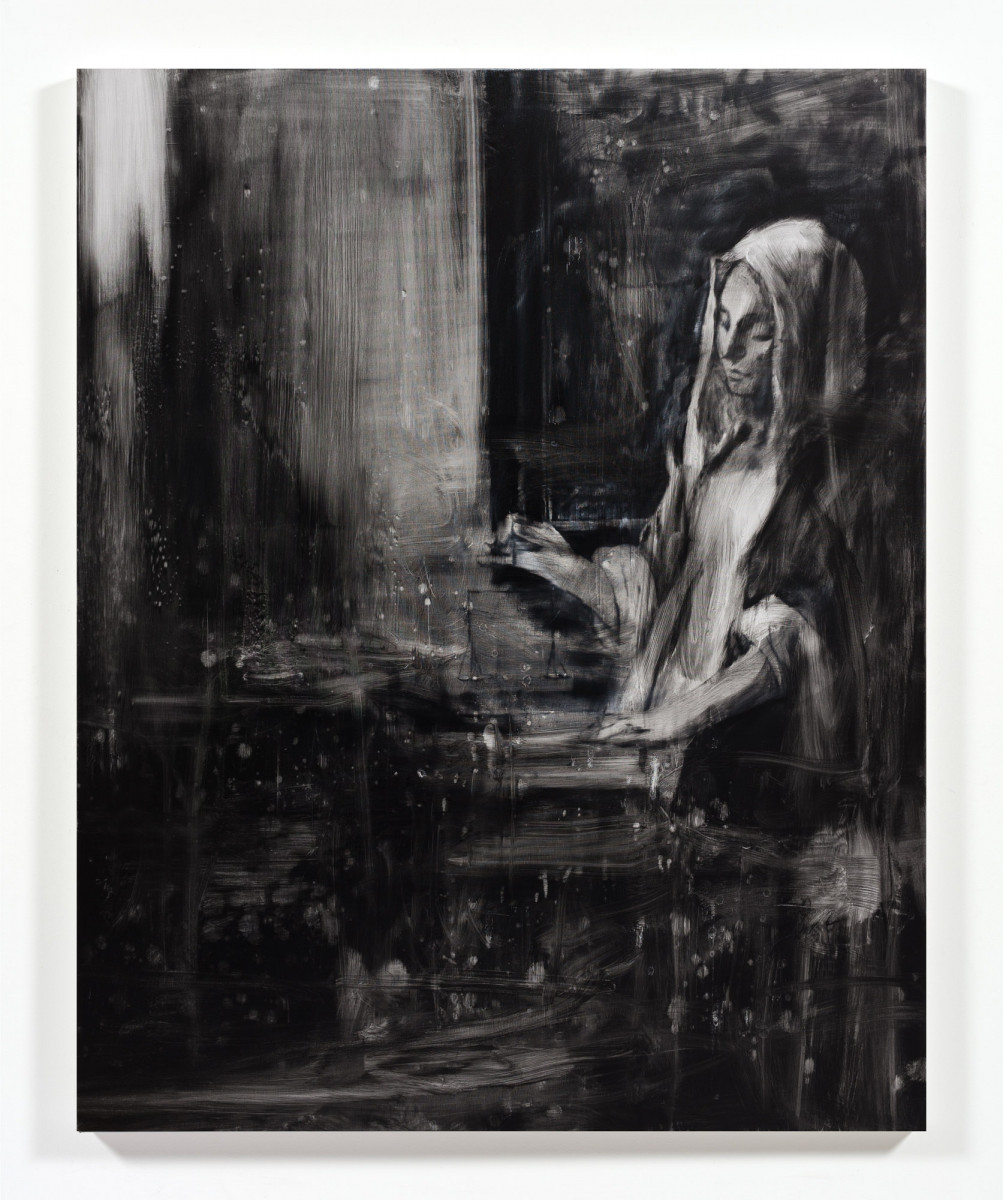 Jingze Du. <em>Woman Holding A Balance</em>, 2024. Oil on canvas, 59 x 47 1/4 inches  (150 x 120 cm)