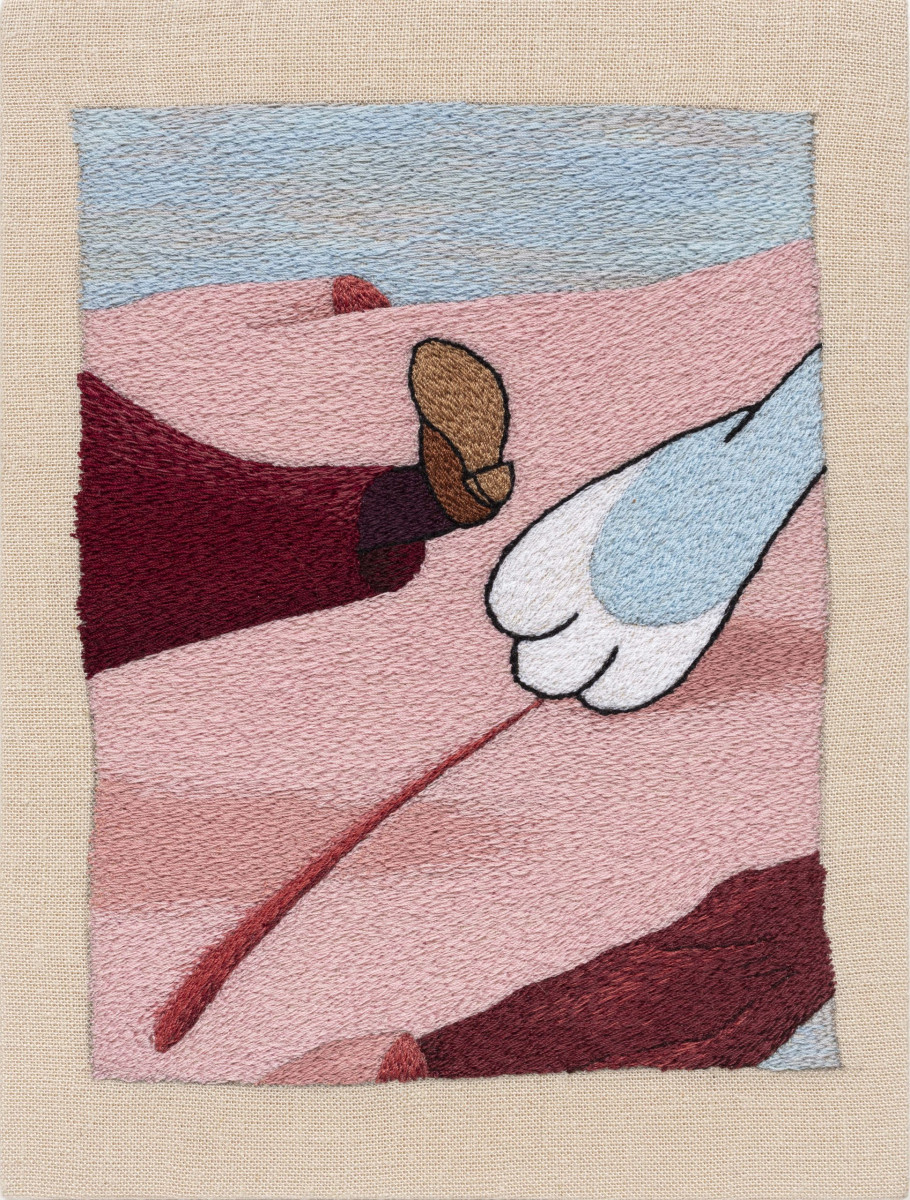 Peter Frederiksen. <em>Not Yet Sure Of The Lengths To Which I Would Go</em>, 2021. Freehand machine embroidery on linen, 8 x 6 inches (20.3 x 15.2 cm)