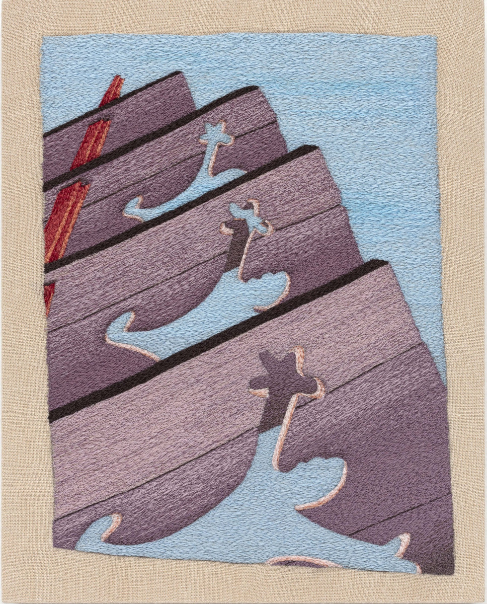 Peter Frederiksen. <em>Falling Victim To Old Patterns</em>, 2024. Freehand machine embroidery on linen, 10 x 8 inches  (25.4 x 20.3 cm)