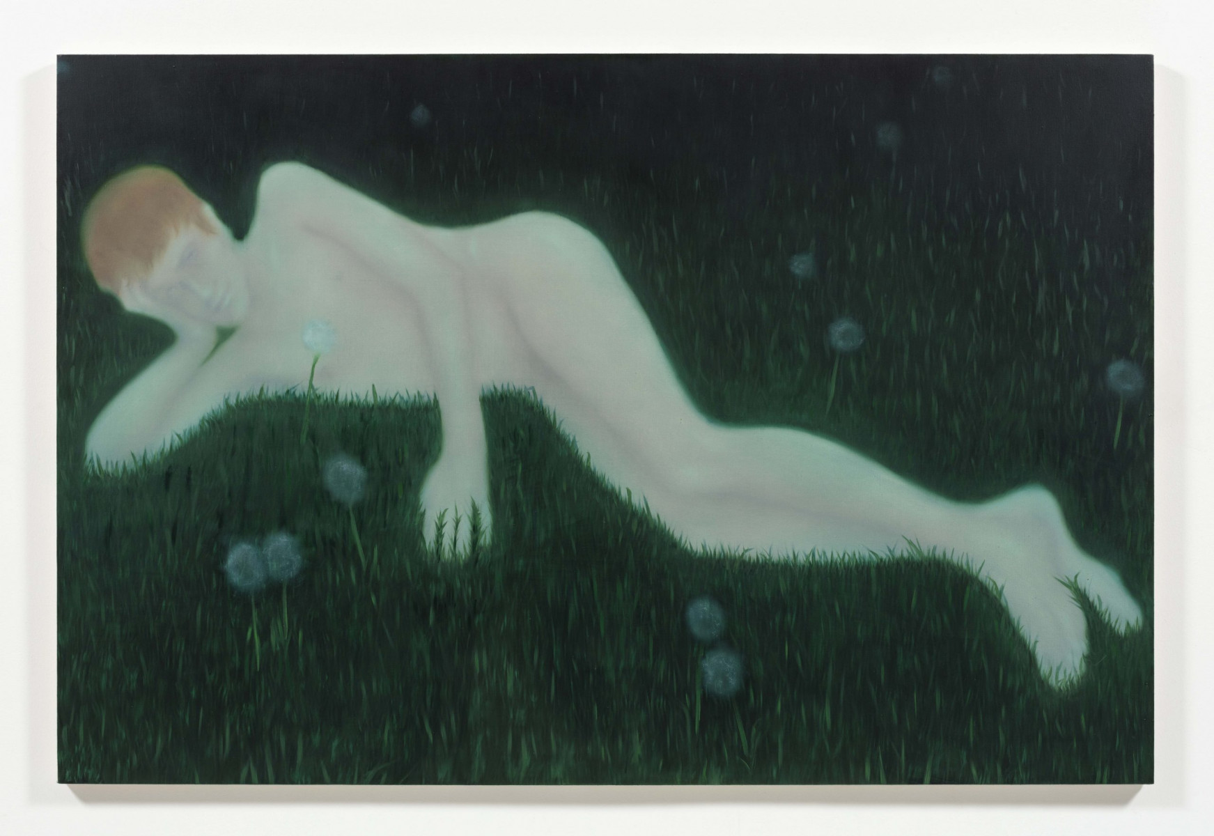 Julia Kowalska. <em>Skin on the Chest Starts to Glow</em>, 2024. Oil on canvas, 47 1/4 x 70 7/8 inches  (120 x 180 cm)