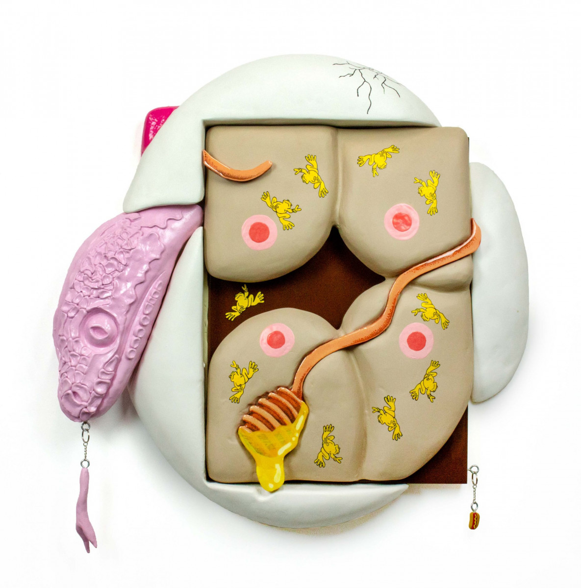 Mike Chattem. <em>Sun Kissed Flesh in 1080p</em>, 2023. Acrylic, spray paint, resin clay, epoxy resin, polystyrene, wood panel and key chain components, 35 x 34 x 5 inches (88.9 x 86.4 x 12.7 cm)
