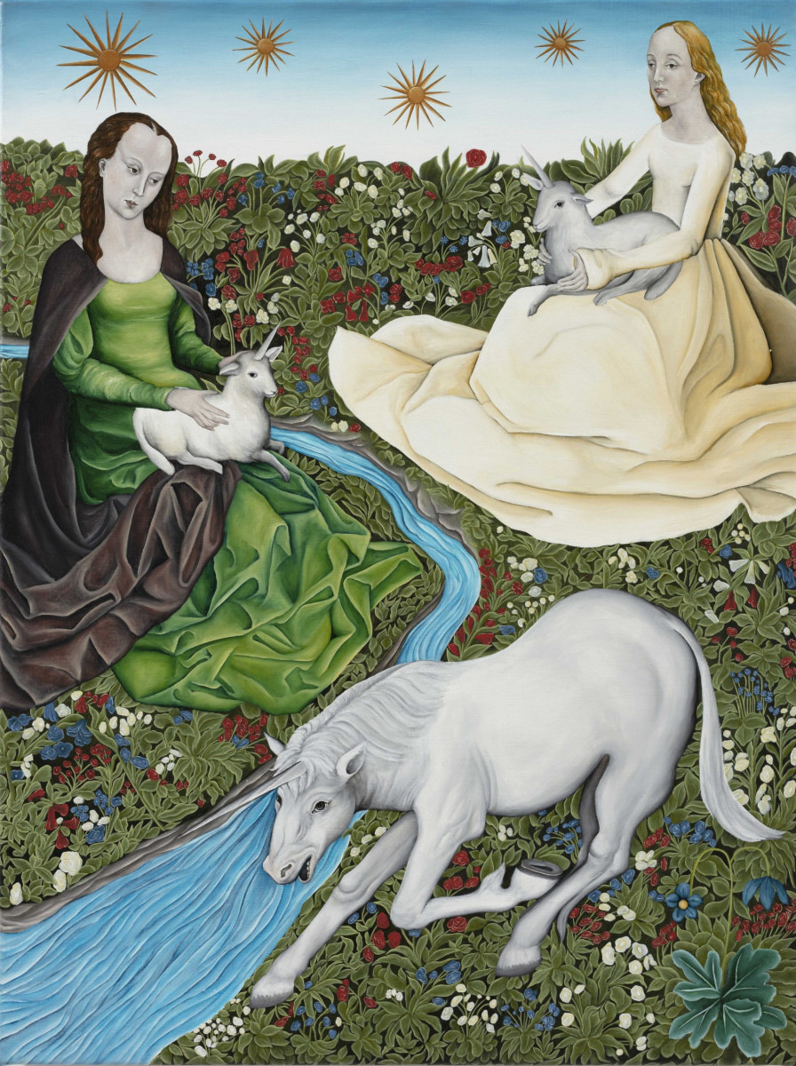 Marina Iglesias. <em>Ladies Of The Unicorns</em>, 2024. Oil on linen, 31 1/2 x 23 5/8 inches (80 x 60 cm)
