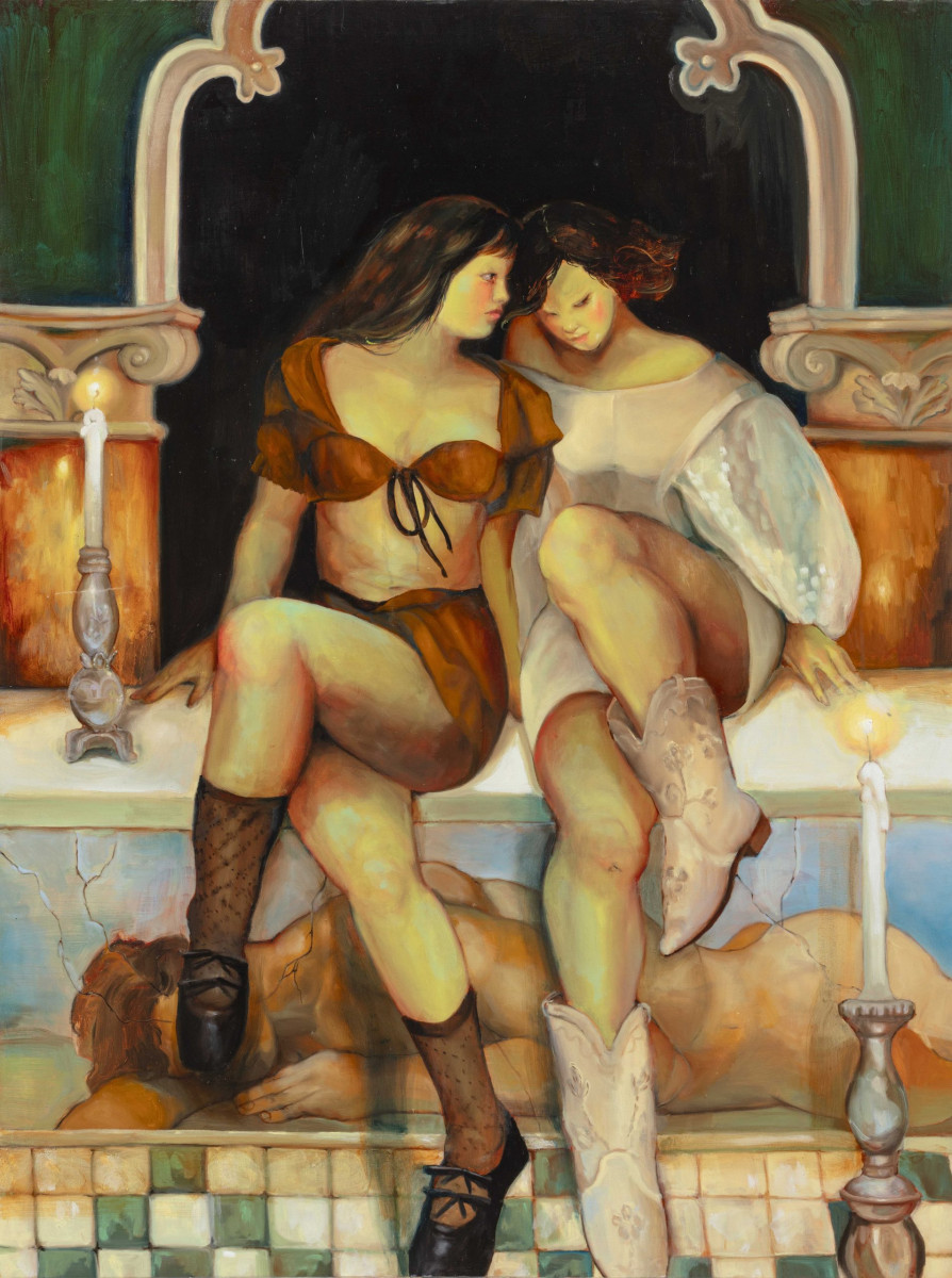 Augustina Wang. <em>To Sit On The Seat Of Men</em>, 2024. Oil on canvas, 48 x 36 inches (121.9 x 91.4 cm)