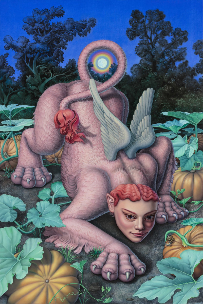 Emma Steinkraus. <em>Sphinx In The Pumpkin Patch</em>, 2024. Oil and acrylic on linen, 60 x 40 inches (152.4 x 101.6 cm)
