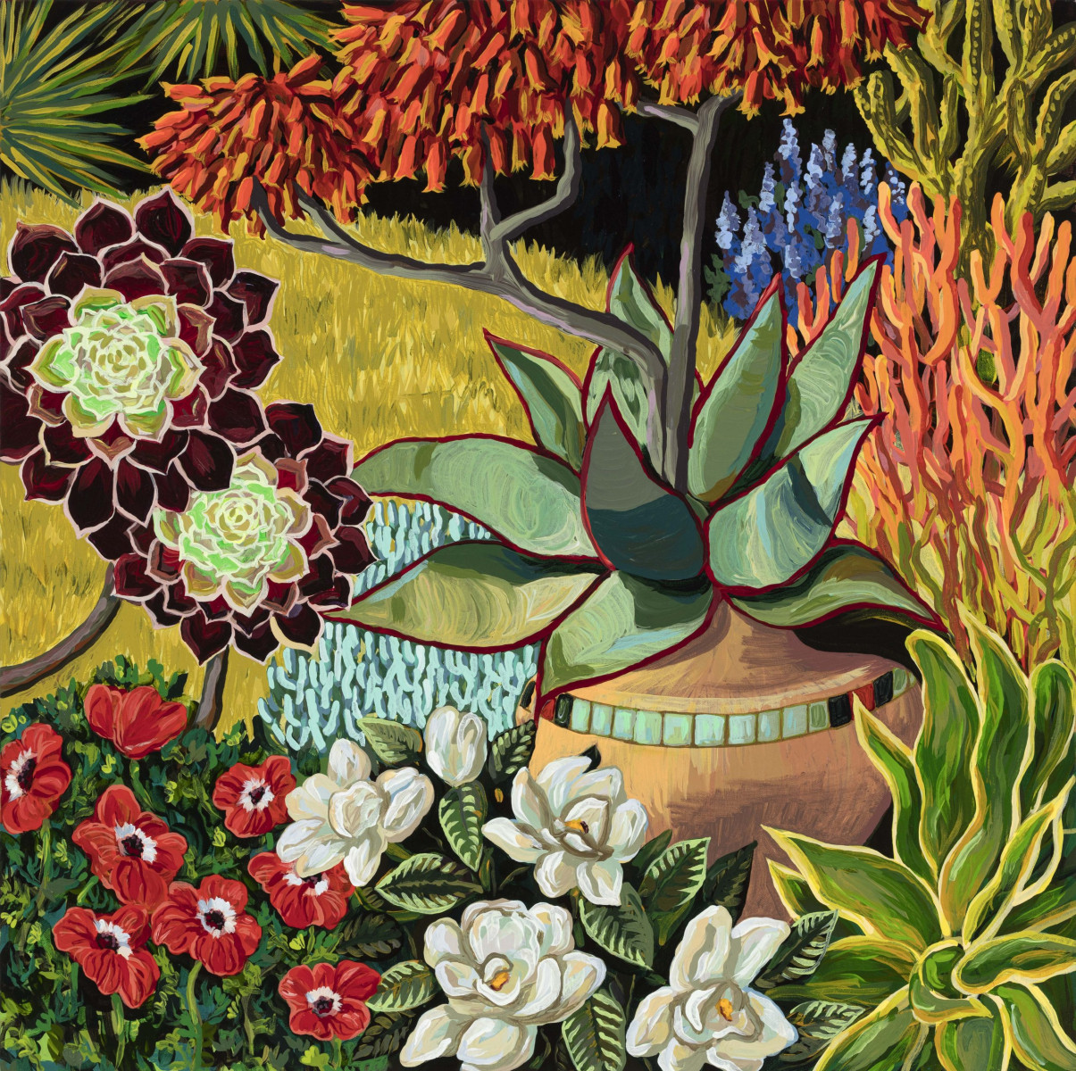 Brittany Fanning. <em>Garden With Coral Aloe</em>, 2024. Acrylic on canvas, 30 x 30 inches (76.2 x 76.2 cm)