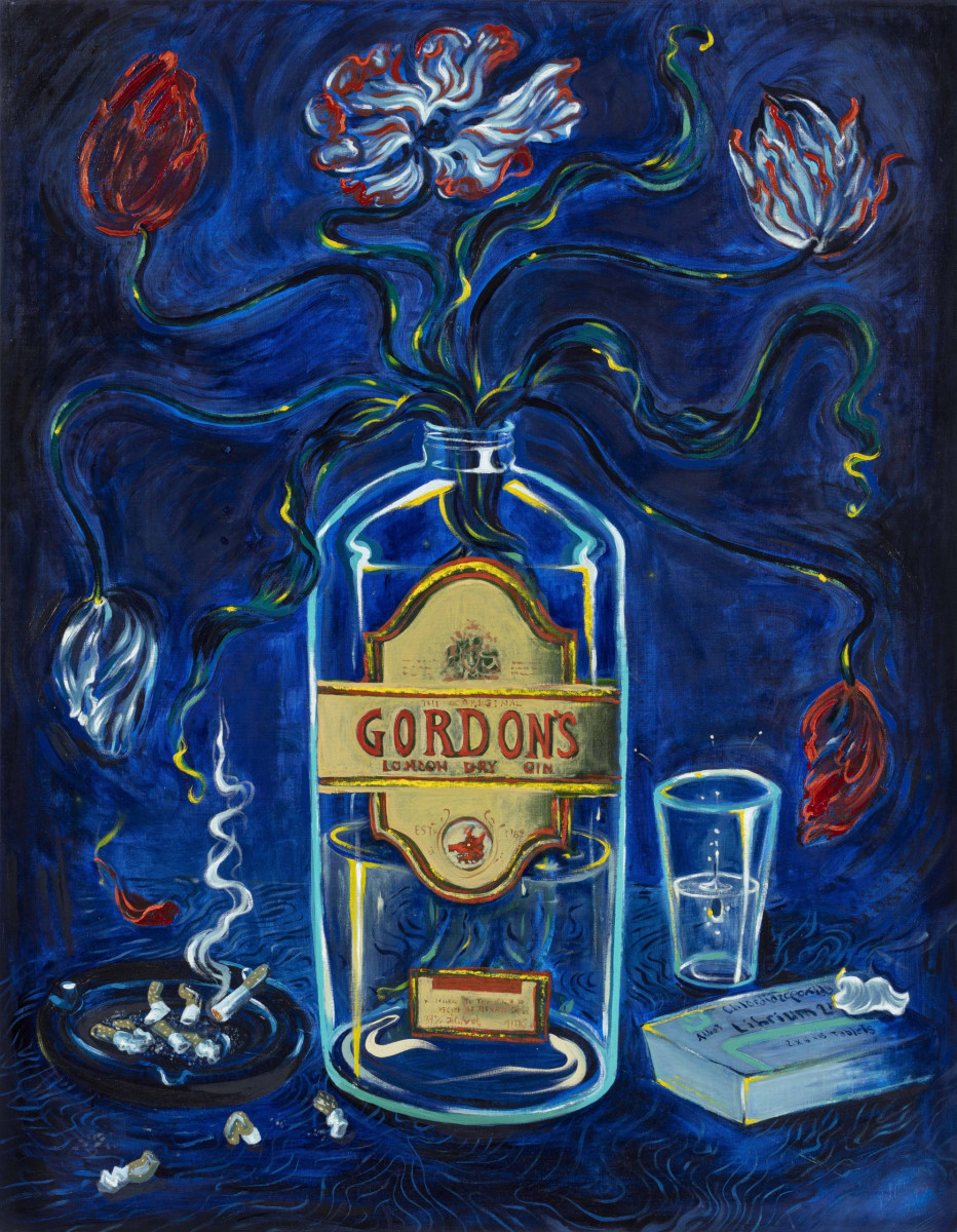 Giorgio Celin. <em>Blue Still Life Of Collateral Effects</em>, 2024. Acrylic and oil on canvas, 57 1/2 x 44 7/8 inches (146 x 114 cm)