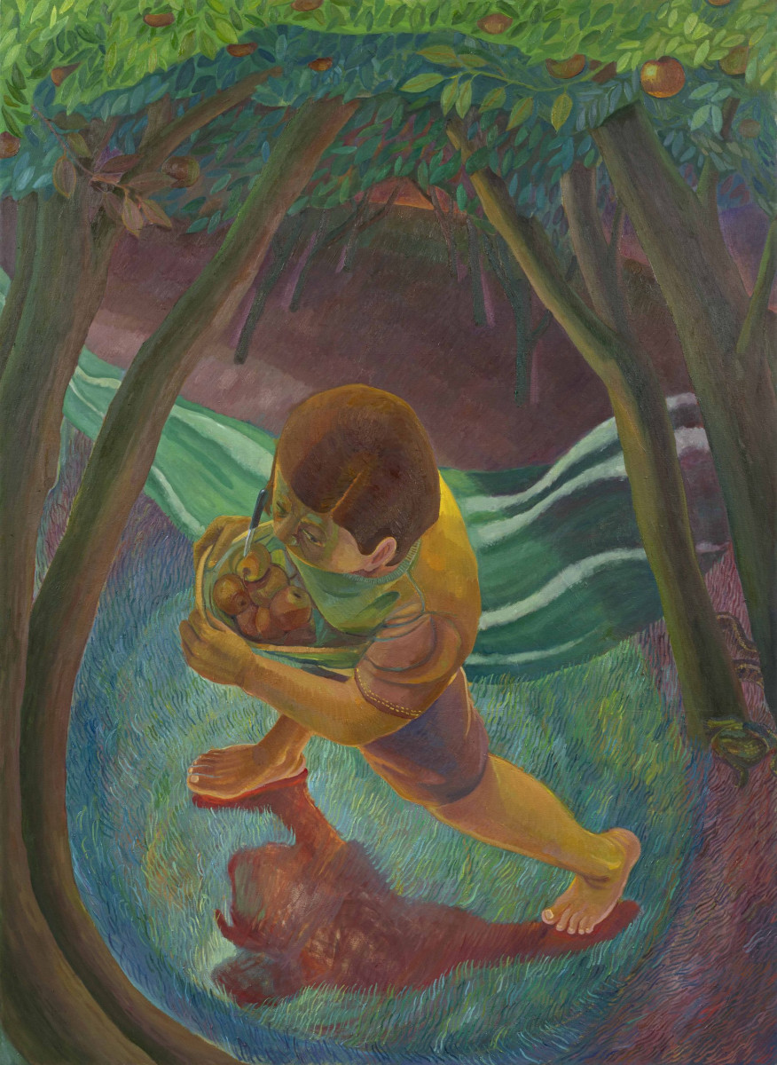 MJ Torrecampo. <em>Apple Gatherer</em>, 2024. Oil on canvas, 66 x 48 inches (167.6 x 121.9 cm)